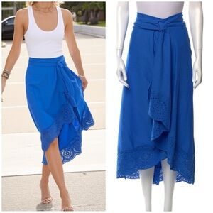 JasonWu Linen Blend Knot Front Faux Wrap Eyelet Lace Trim Fit N Flare Midi Skirt